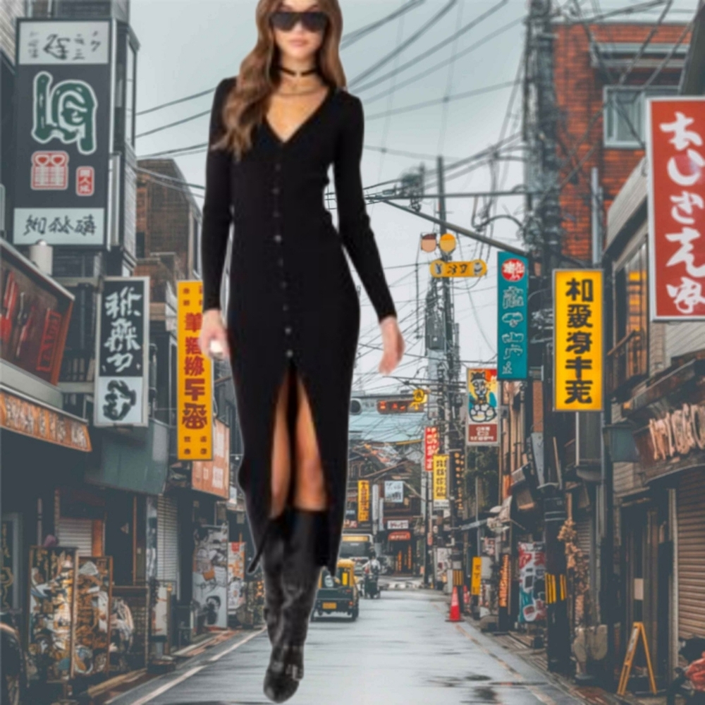 ALDO Black Long Sleeve Button Up Bodycon Dress